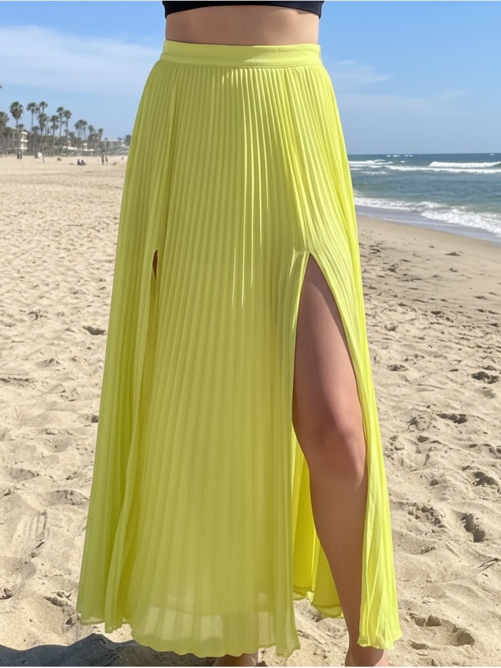 bebe Neon Yellow Pleated Maxi Skirt with High Slits